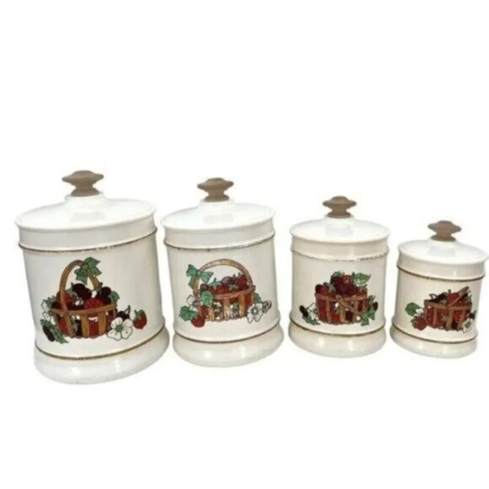 Vintage Kromex Basket Of Berries Aluminum Canister Set